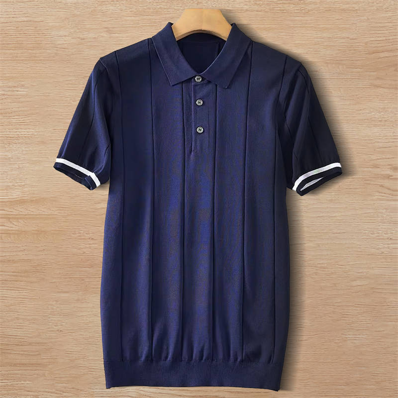 W0743-XL紺色 新品 サマーニット ポロシャツ 半袖 薄手 テンセル混 ゴルフ 接触冷感 縦ストライプ しなやか 春夏 メンズ トップス拍卖