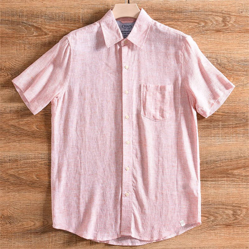 W0765-XL赤色 涼感リネン×レーヨン混!新品 メンズ リネン混 半袖シャツ 通気 品良く決まる 薄手 夏用 ビジネス カジュアル トップス拍卖