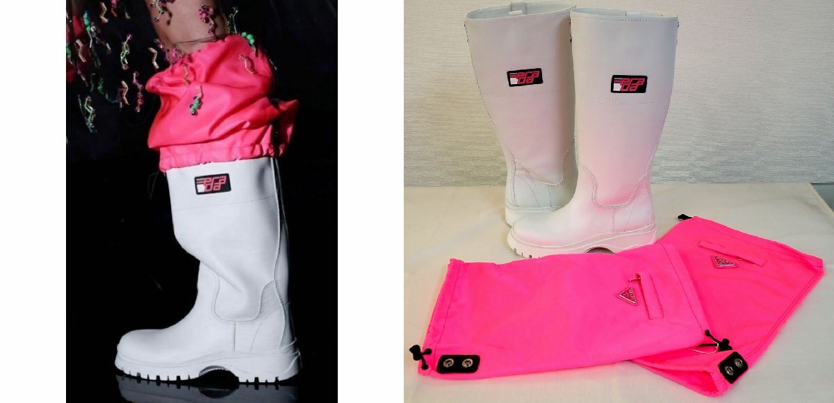 定価14万円↑新品 プラダ ホワイト レザー パドル ブーツ 防水 ニーハイ アグリー レイン カバー付き 36 レインブーツ 22.5cm 23cm 1006拍卖