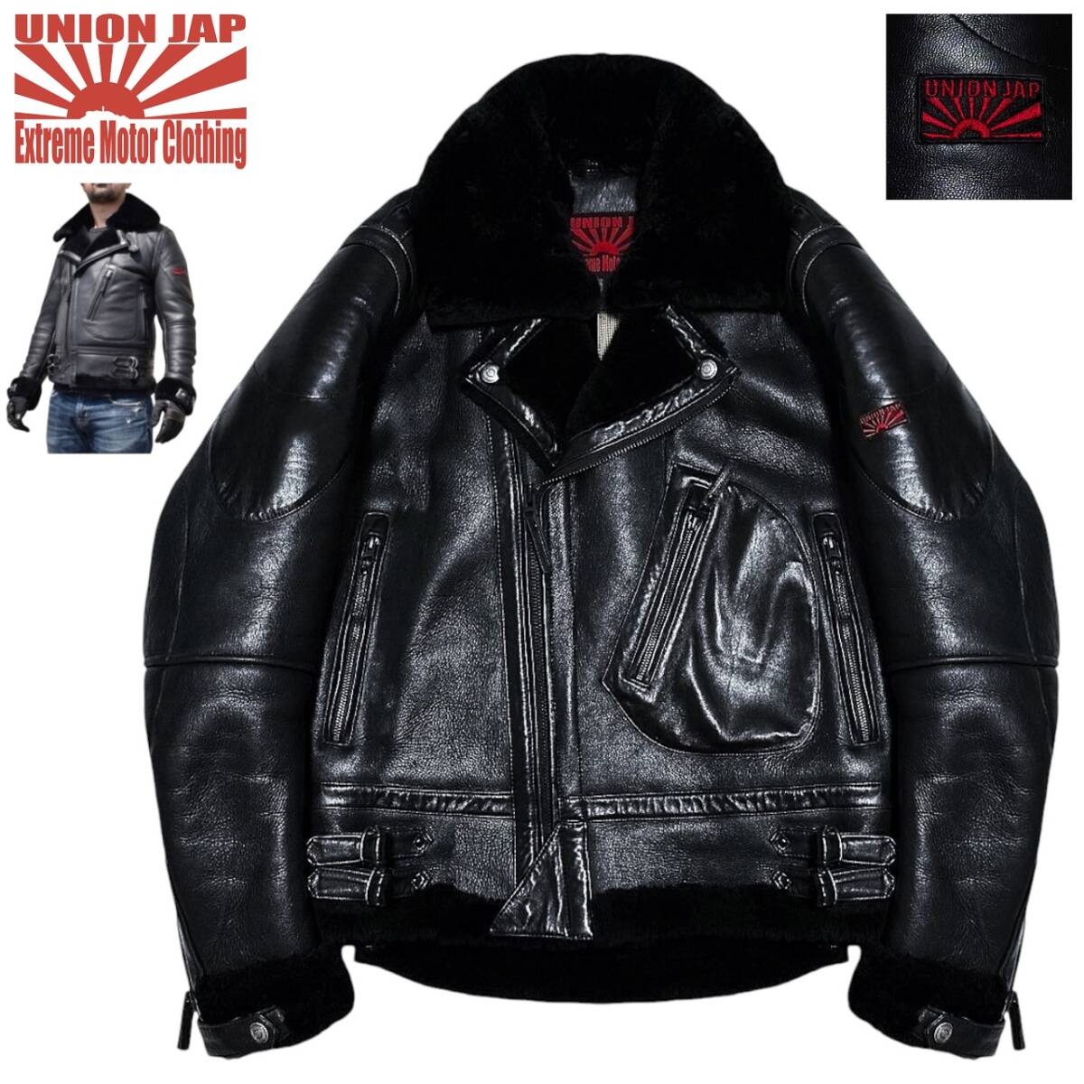 希少 美品 定価13万 ユニオンジャップ ラビットファー 最高級NZ産羊革 極上リアルムートン ライダースジャケット LL 黒 ブルゾン UNION JAP拍卖