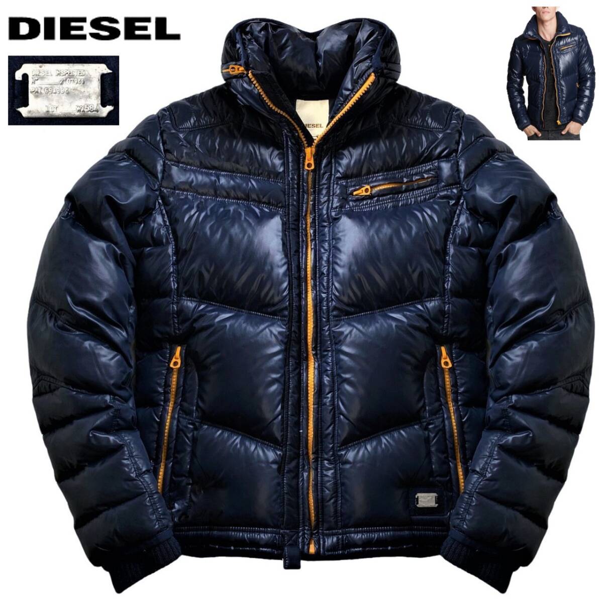 極美品 定4.5万 極暖! DIESEL ディーゼル WEROXIM JACKET メタルプレート フード シャイニー バイカー ダウンジャケット L 紺黄 ライダース拍卖