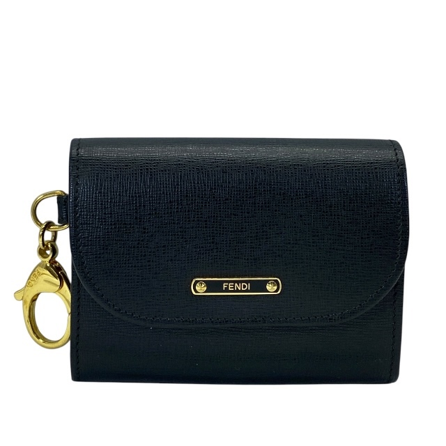 【美品】FENDI フェンディ 8M0303 コインケース 財布 小銭入れ コンパクトウォレット ロゴ レザー ブラック キーリング付き拍卖