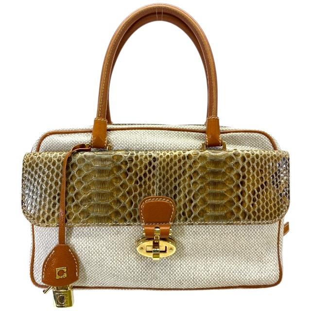 GHERARDINI ゲラルディーニ ハンドバッグ トートバッグ 手持ち鞄 肩掛け パイソンレザー キャンバス アイボリー ブラウン拍卖