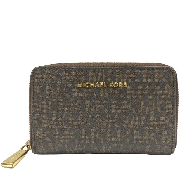 MICHAEL KORS マイケルコース カードケース パスケース ラウンドファスナー MK柄 ロゴ レザー ブラウン拍卖