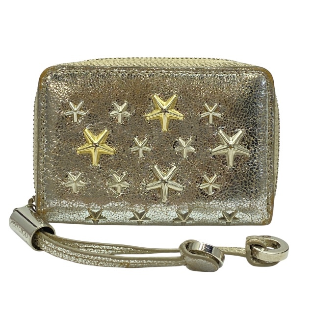 JIMMY CHOO ジミーチュウ コインケース 小銭入れ コンパクトウォレット ラウンドファスナー ミニ財布 スタースタッズ レザー シルバー拍卖