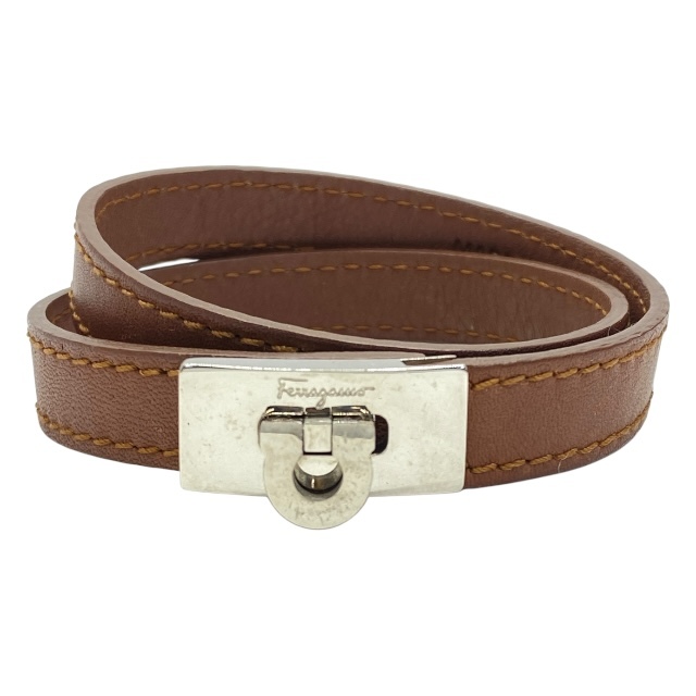 Salvatore Ferragamo フェラガモ ガンチーニ バングル 2連 ブレスレット アクセサリー 小物 ロゴ レザー ブラウン拍卖