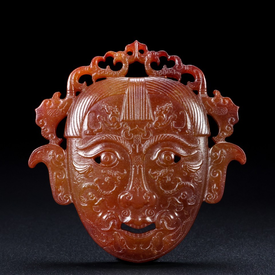 清 古和田玉彫 面具 鏈有 箱有 極細工 古賞物 古美味 東洋彫刻 時代物 骨董 中国古美術拍卖