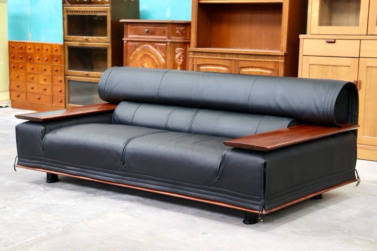 GMIK43○karimoku / カリモク vivente ビベンテ 2人掛けソファ ラブソファ 長椅子 本革 ブラック 花梨材 応接 最高級 定価約67万 美品拍卖