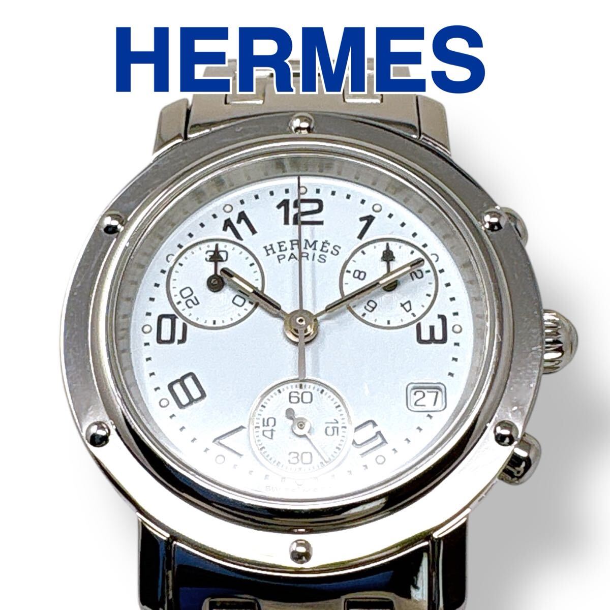 エルメス HERMES クリッパー CL1.310 クロノグラフ デイト ホワイト文字盤 白 ラウンド レディース 腕時計 時計 ブランド 稼働 美品拍卖
