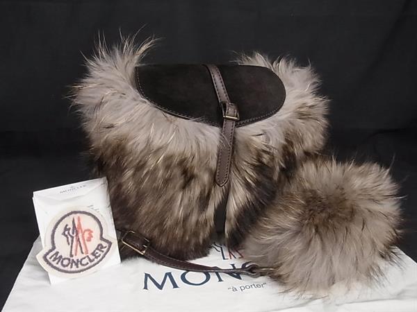 ■極美品■ MONCLER モンクレール ラクーンファー×スエード×レザー クロスボディ ショルダーバッグ ダークブラウン系 FM1300拍卖