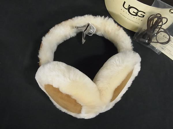 ■極美品■ UGG アグ シープスキン×レザー 有線 イヤーマフ イヤーウォーマー ヘッドホン 耳あて ブラウン系×アイボリー系 FF3382拍卖