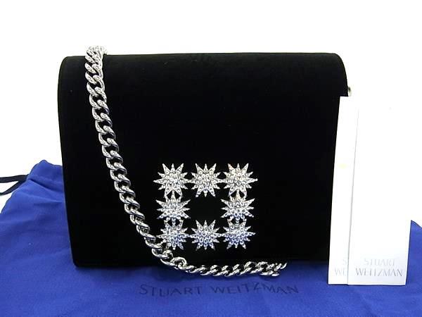 ■極美品■ Stuart Weitzman スチュアート ワイツマン ベロア ラインストーン クロスボディ ショルダーバッグ ブラック系 BP1087拍卖