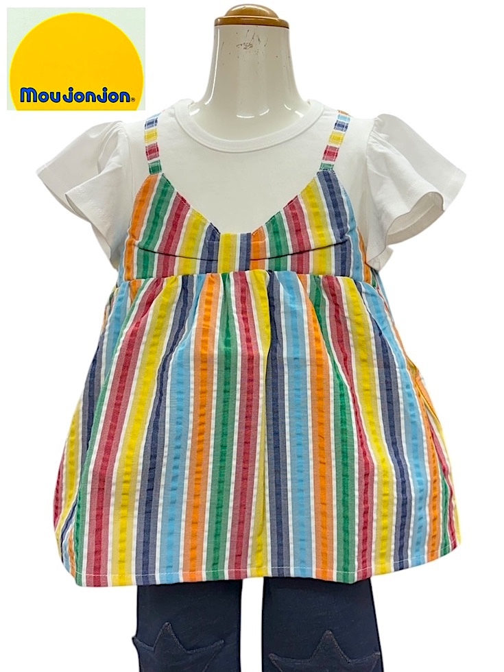 即決 新品タグ付 Moujonjon ムージョンジョン★サッカー生地 ストライプ 重ね着風★半袖シャツ★130cm 9-10才 ¥2420拍卖