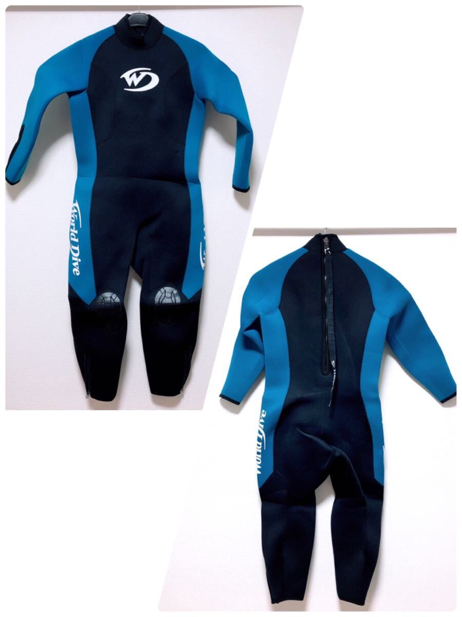 美品 World Dive ワールドダイブ ウェットスーツ 着丈 約118cm ダイビング 黒 ブラック 青 マリンブルー 大きめ レディース 523A-25拍卖