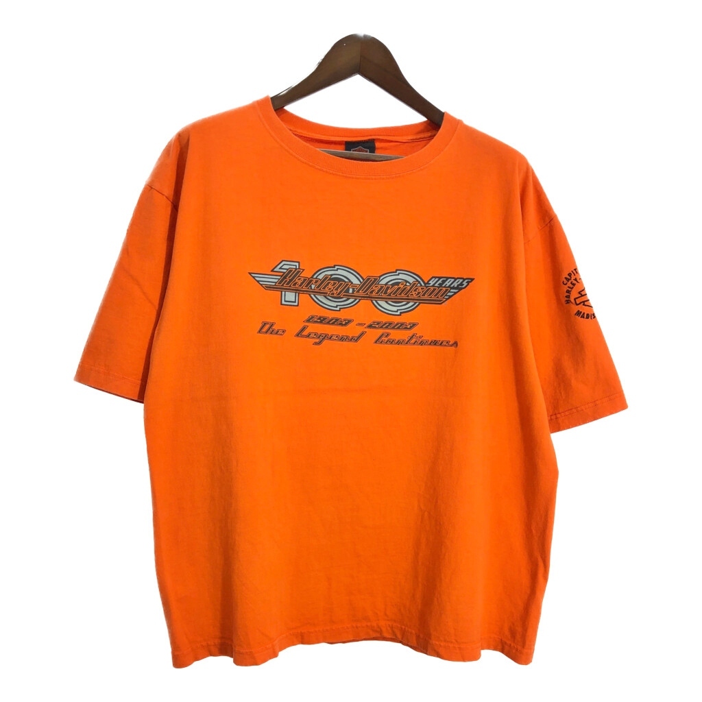 00年代 HARLEY DAVIDSON ハーレーダビッドソン 100周年 半袖Tシャツ モーターサイクル オレンジ(メンズ L相当)中古 古着 T8348拍卖