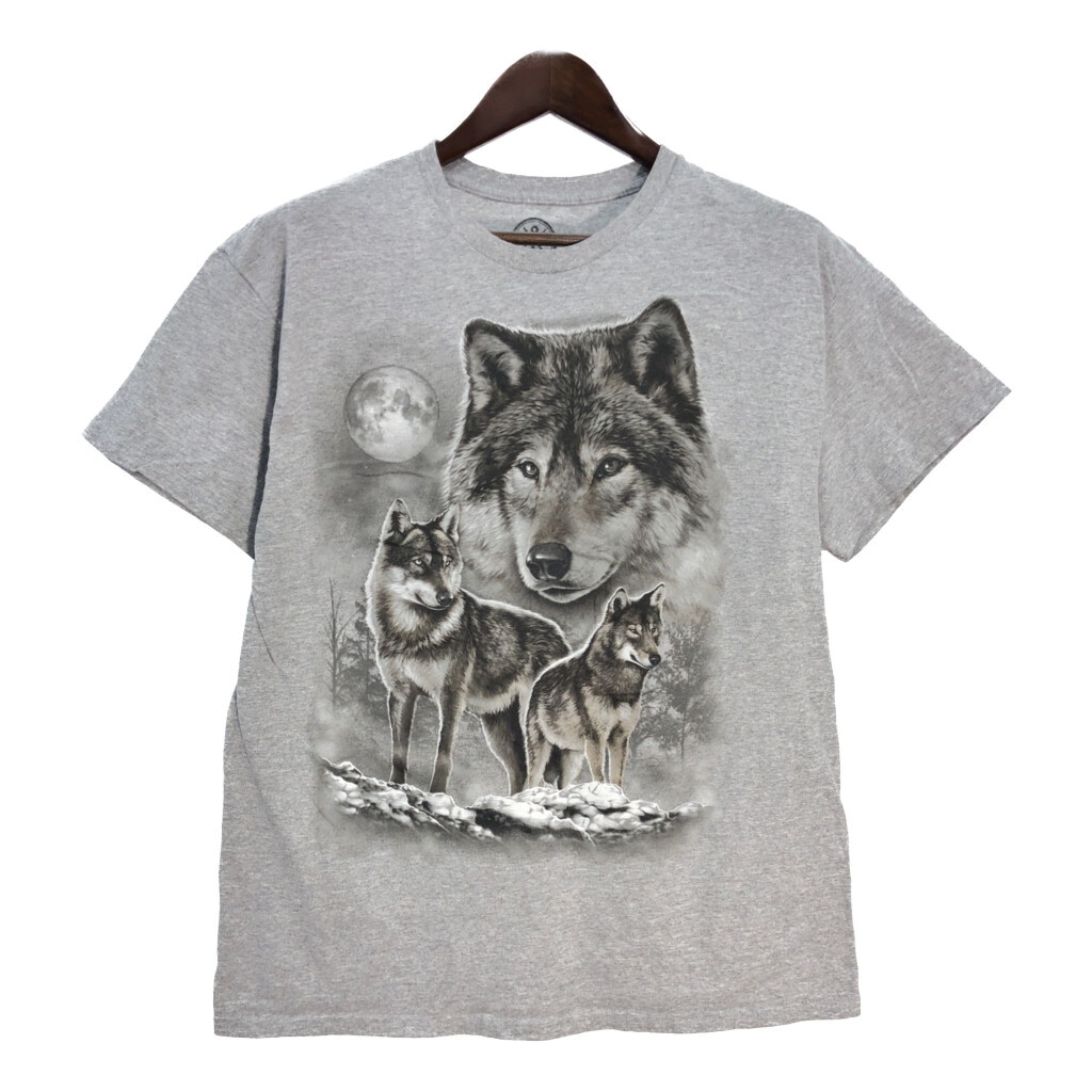 アニマルプリント オオカミ 半袖Tシャツ グレー(メンズ L)中古 古着 T7347拍卖