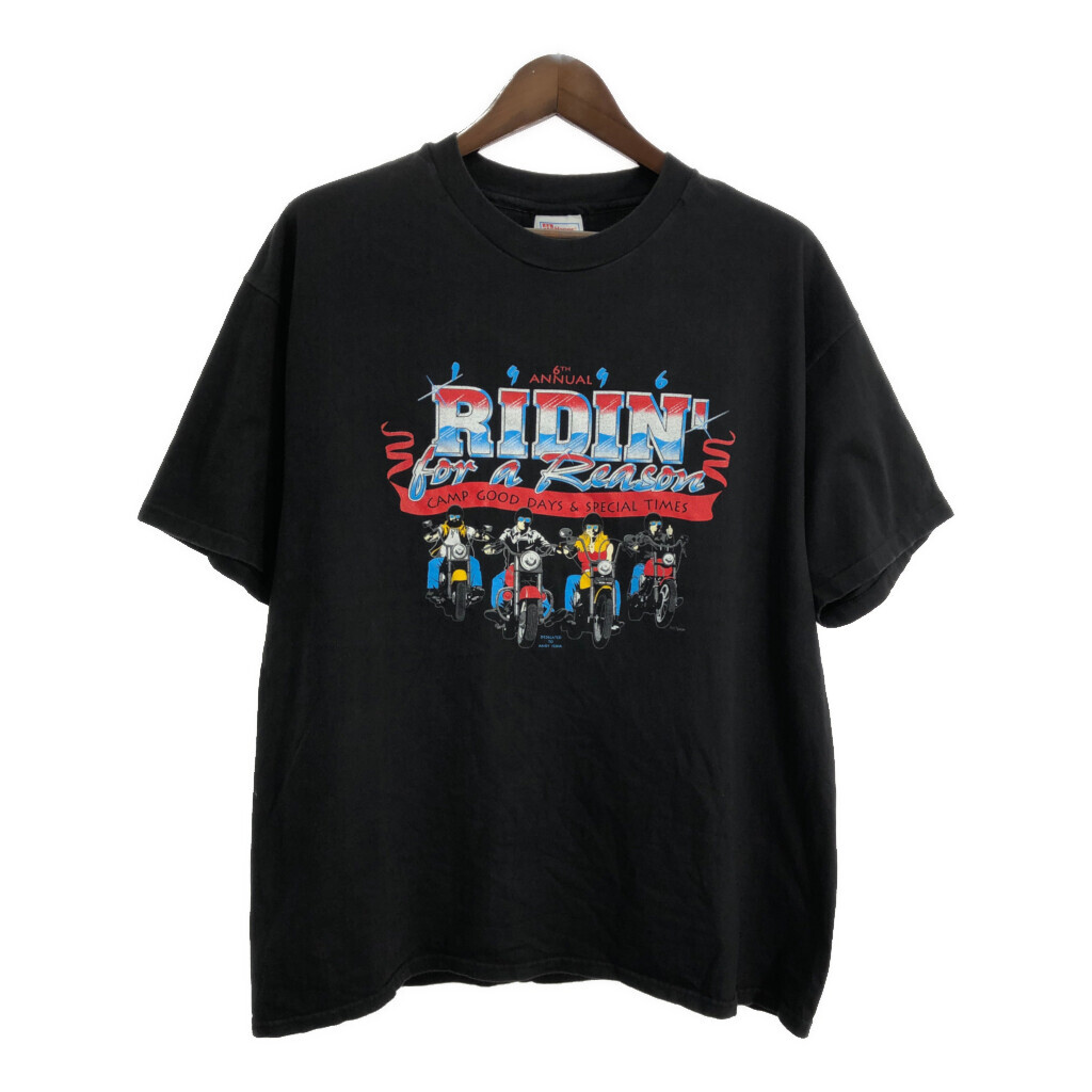 90年代 RIDIN’ FOR A REASON 半袖Tシャツ モーターサイクル ブラック(メンズ XL)中古 古着 T8466拍卖