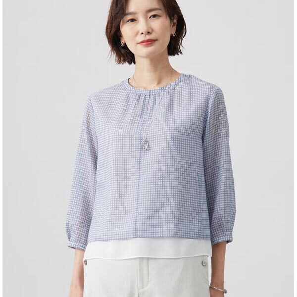 【J.PRESS LADIES】チェックプリント カットソー 9号(青系・Mサイズ)ブラウス シャツ ジェイプレス レディス 新品拍卖