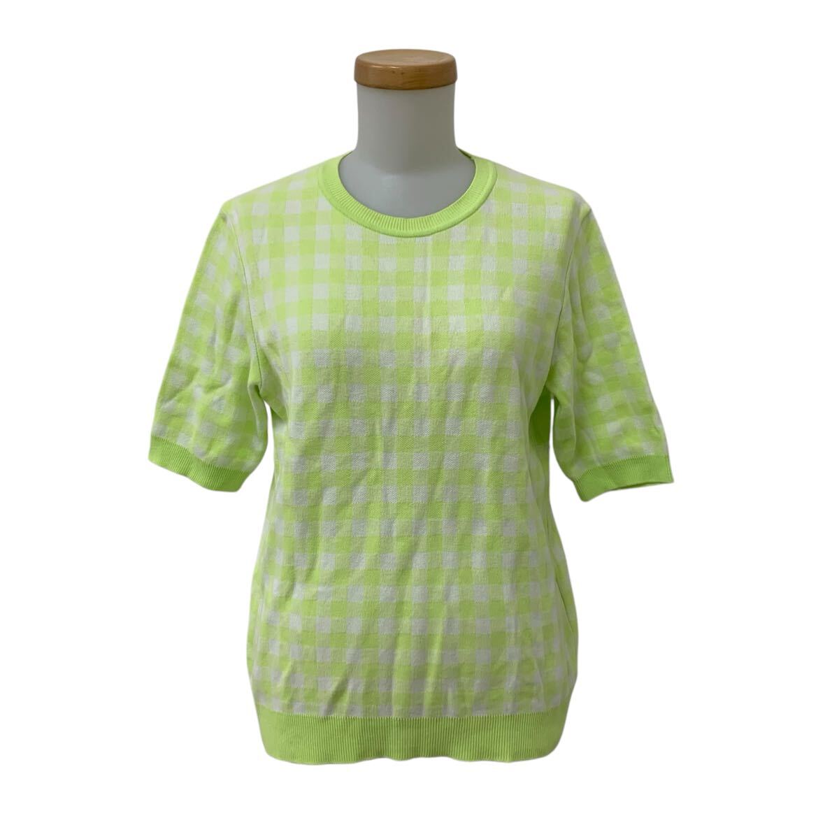 NB299-88 MACKINTOSH PHILOSOPHY マッキントッシュフィロソフィー 五分袖 ニット セーター トップス ライム系 チェック柄 38 日本製拍卖