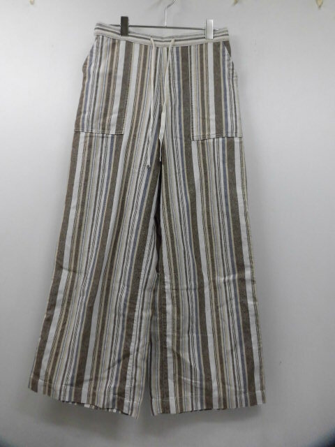 BACK NUMBER バックナンバー Right-on ライトオン 麻混 ストライプ ワイドパンツ ウエストゴム 柄 ボトムス ベージュ×ホワイト Mサイズ拍卖