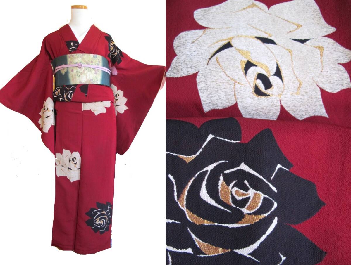モダン 大輪薔薇のお召し アンティーク着物拍卖