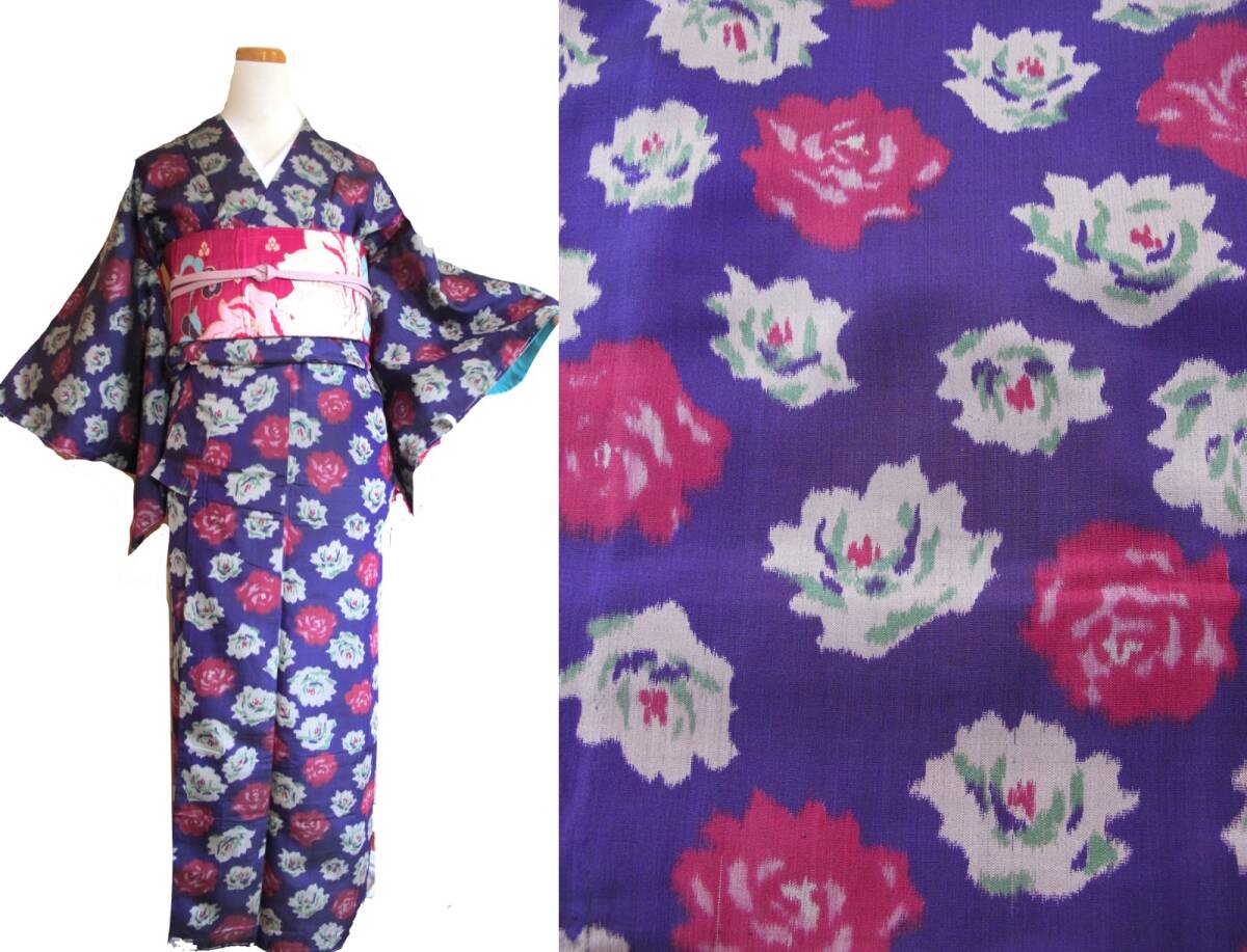 薔薇尽くし アンティーク銘仙着物 青紫 レトロ浪漫拍卖