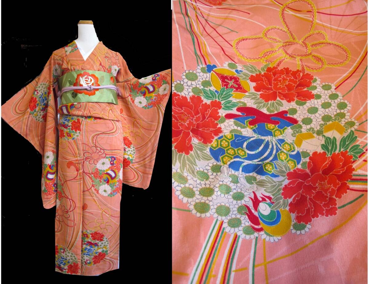 華やか 花薬玉 ピンク 紋錦紗アンティーク着物拍卖
