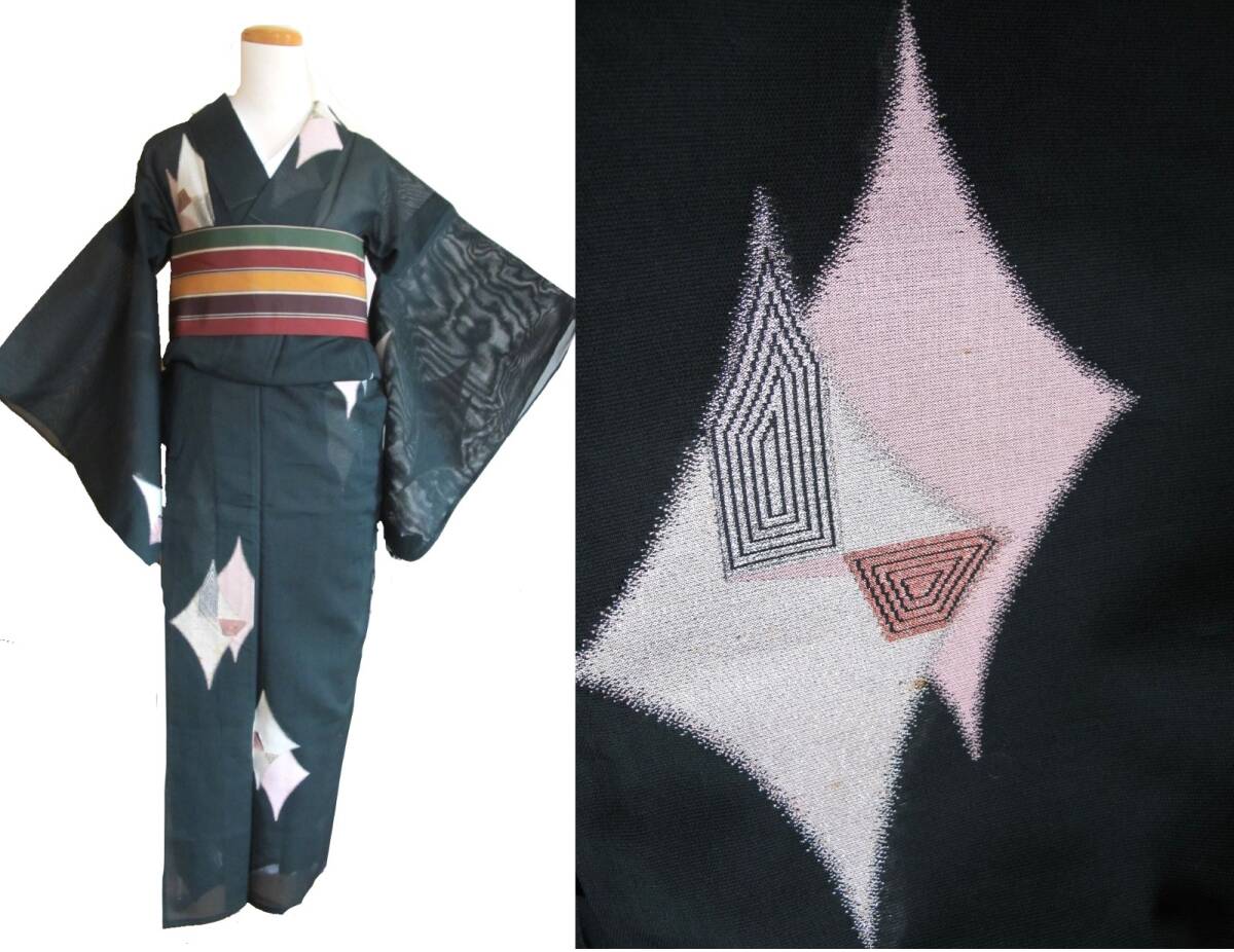 モダンダイヤ 紗のお召し キラキラ柄 アンティーク夏着物 レターパック可拍卖