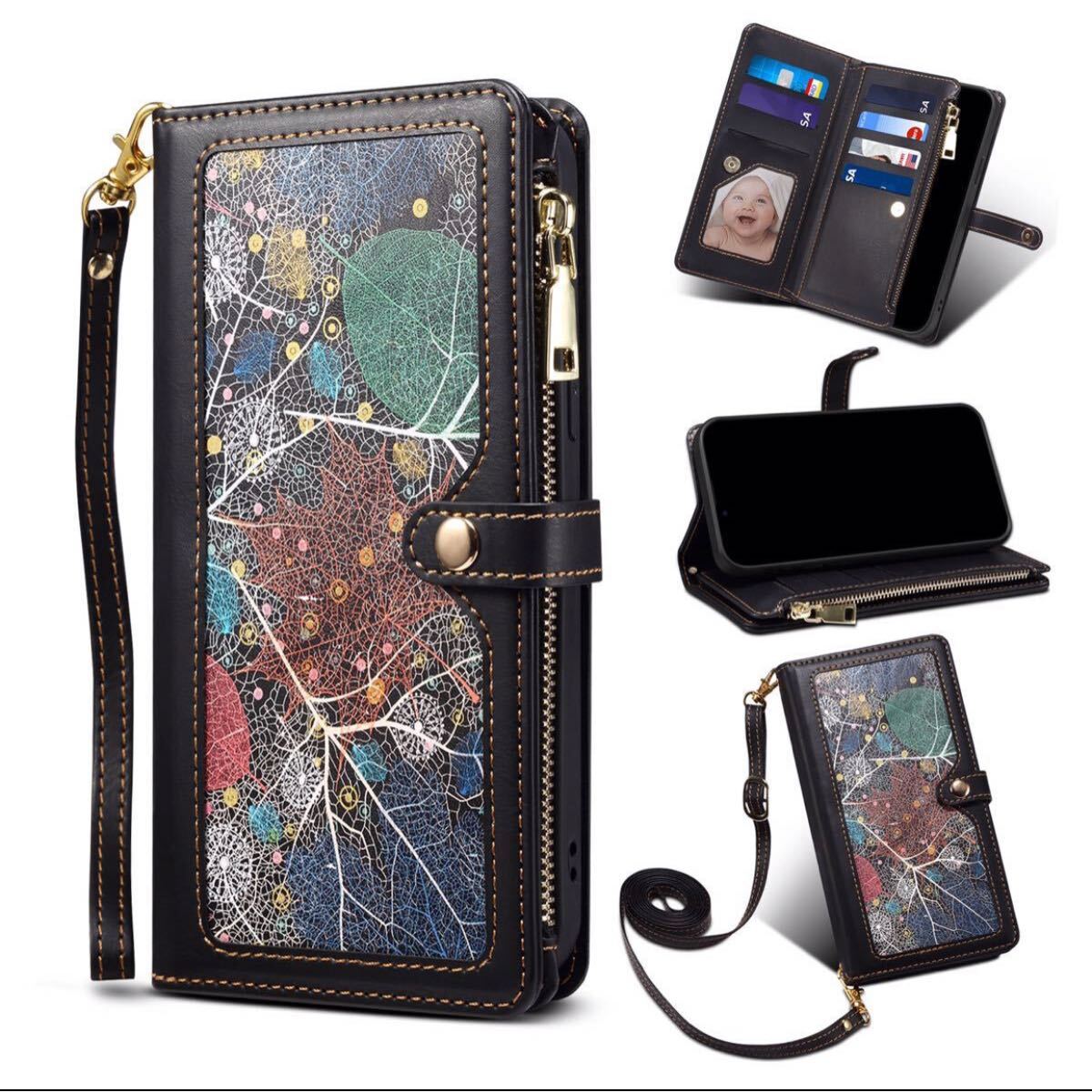 iPhone 12 pro max レザーケース アイフォン12 プロ マックス ショルダーケース 手帳型 カード収納 お財布付き A2 ブラック拍卖