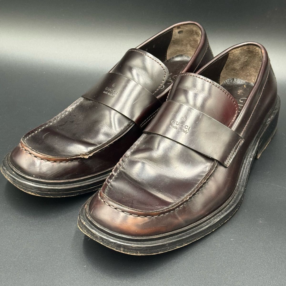 C☆高級ラグジュアリー靴'イタリア製' GUCCI グッチ 本革 レザー ローファー 革靴 ビジネスシューズ スリッポン 42 26.5cm シューズ 紳士靴拍卖
