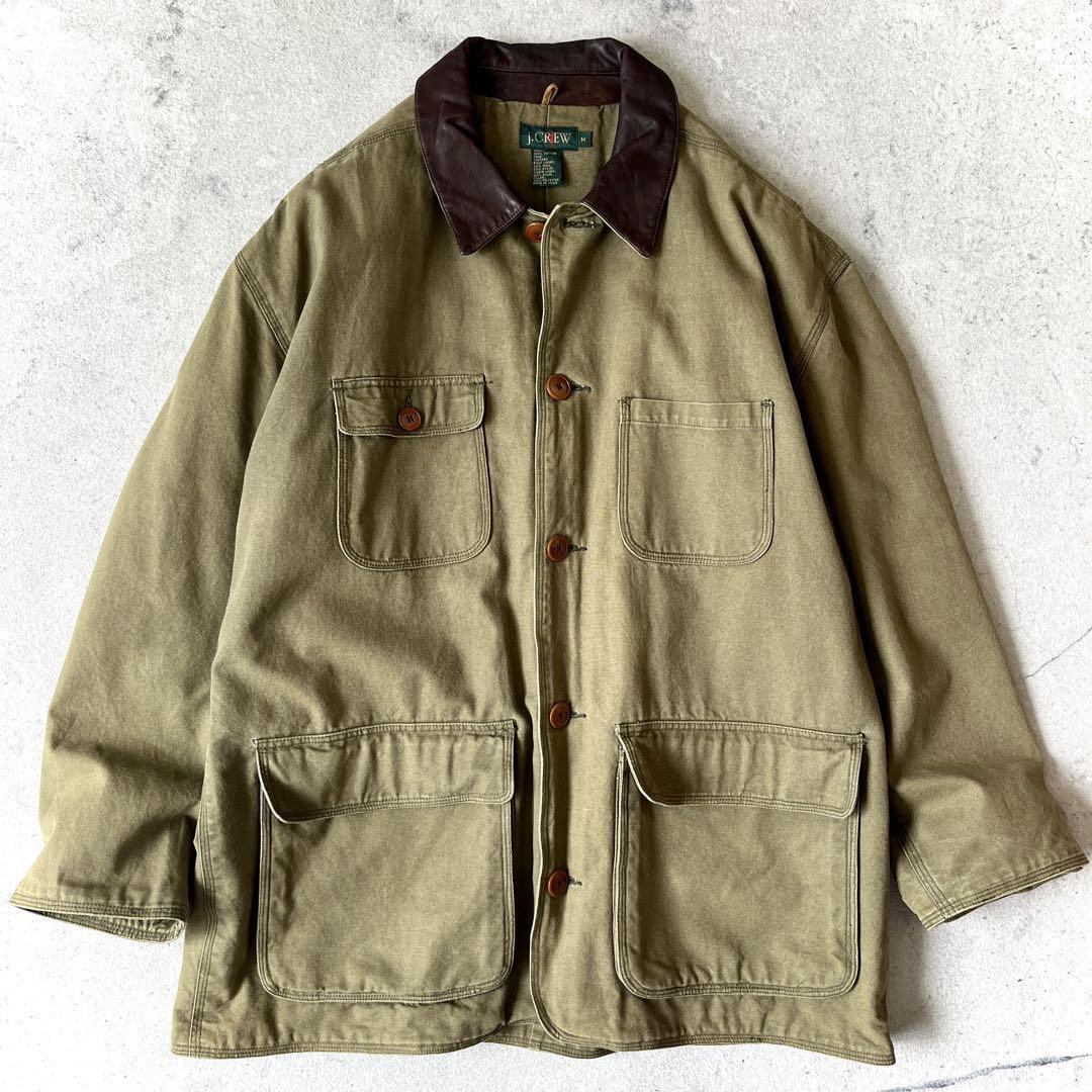 90s J.Crew ジェイクルー 大き目 Mサイズ 巨人タグ レザー襟 ハンティングジャケット カバーオール 緑 カーキ拍卖