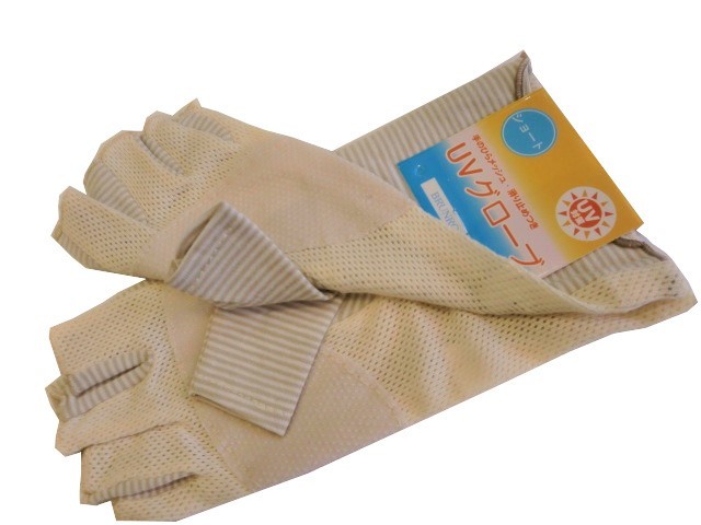 レディースファッション 手袋 日除け手袋 UV 手のひら滑り止め付き 手口メロー指切ショート手袋 サービス品!!ボーダー柄ベージュ  拍卖