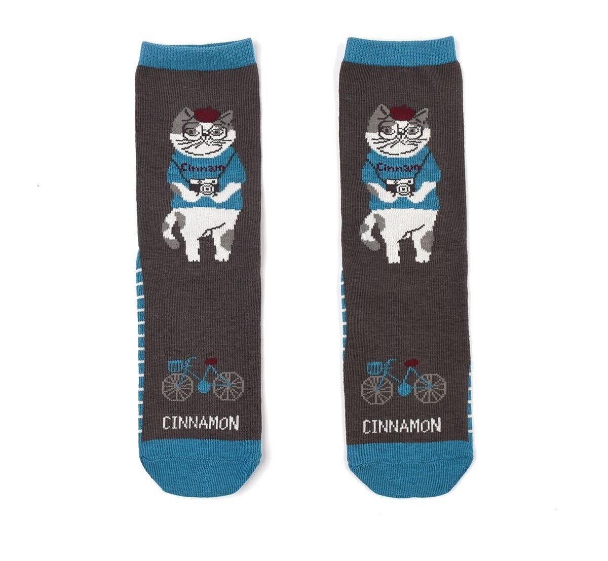 レディースソックス♪ ジャガード靴下 シナモン柄① 猫 Kusuguru Japan クスグルソックス 送料込み拍卖