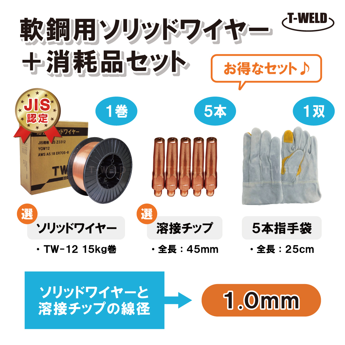 溶接ソリッドワイヤ +消耗品セット 線径:1.0mm ( TW-12 ワイヤー ×15kg/巻 チップ L45mm ×5本 25cm手袋 ×1双)拍卖