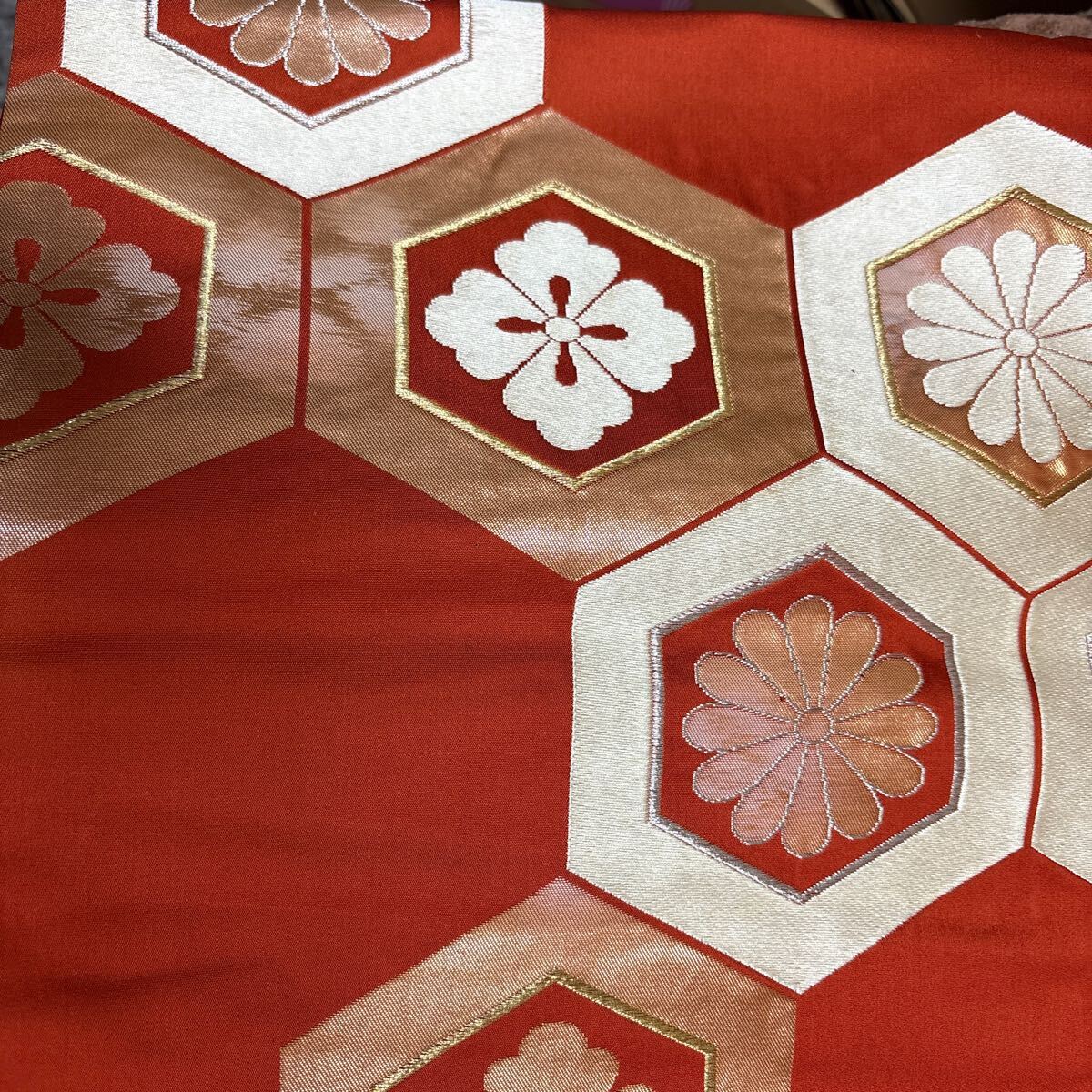 10 袋帯 帯 花 赤 和装 金糸 昭和レトロ アンティーク 着物拍卖