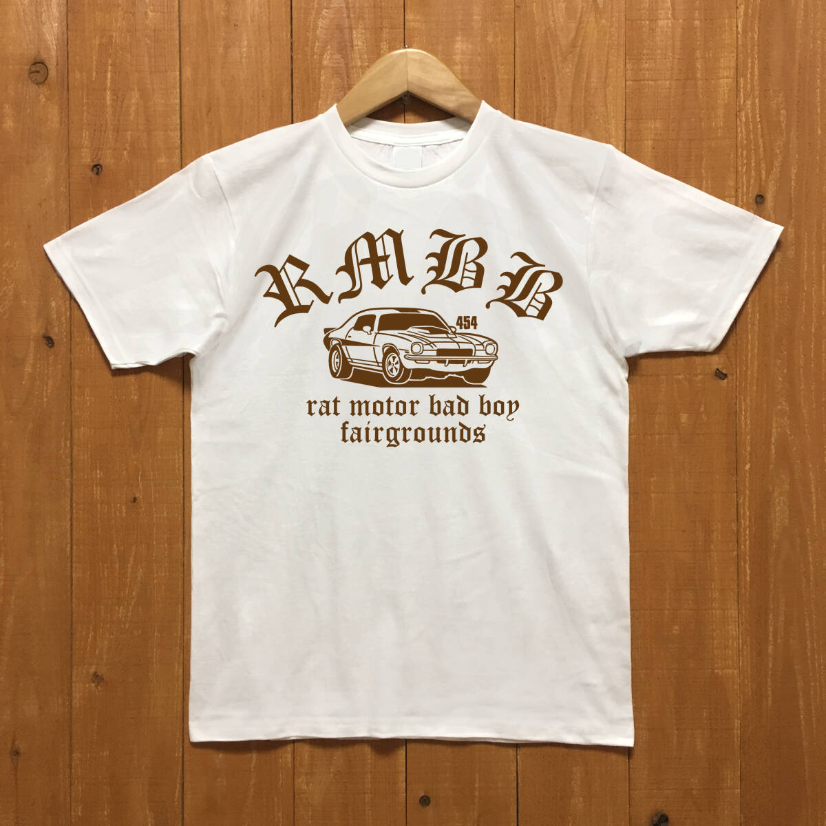 ■RMBB 454 Tシャツ■Mサイズ(ホワイトxブラウン)アメリカ アメ車 シボレー カマロ サメカマ CHEVROLET CHEVY CAMARO拍卖