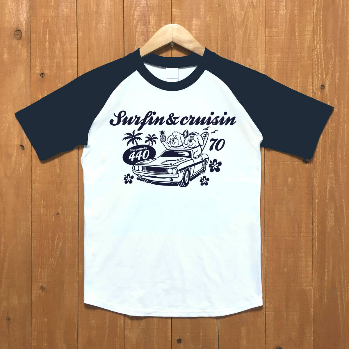 ■ SURFIN & CRUISIN ラグランTシャツ■Lサイズ(ネイビー袖xネイビー) モパ- MOPAR DODGE CHALLENGER チャレンジャーサーフィン拍卖