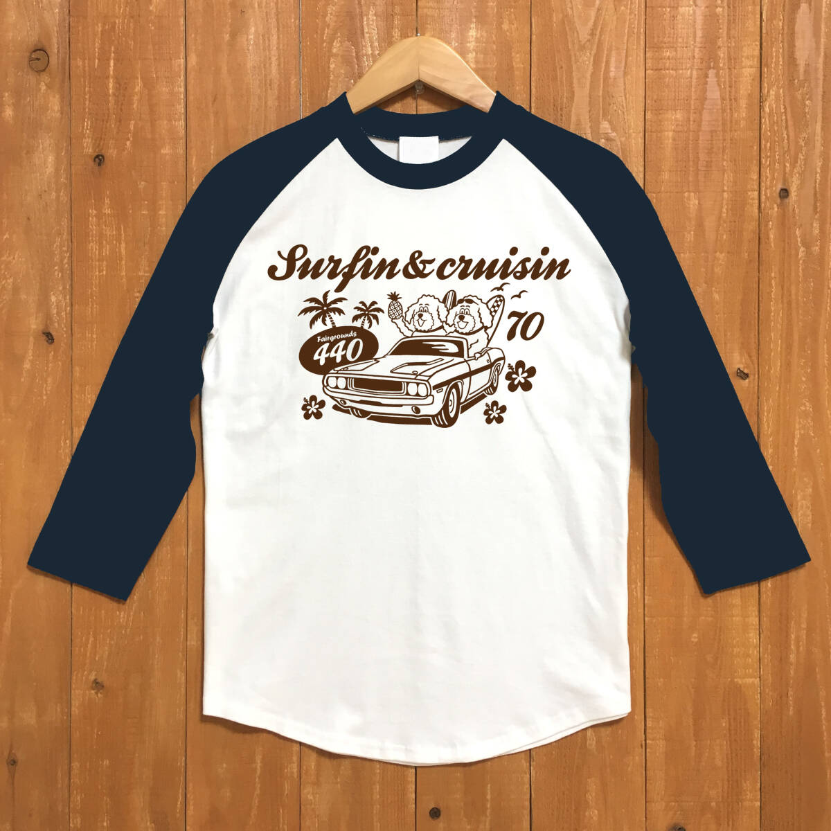 ■ SURFIN & CRUISIN ベースボ-ルTシャツ■XLサイズ(ネイビー袖xブラウン)アメ車 モパ- MOPAR DODGE CHALLENGER サーフィン拍卖