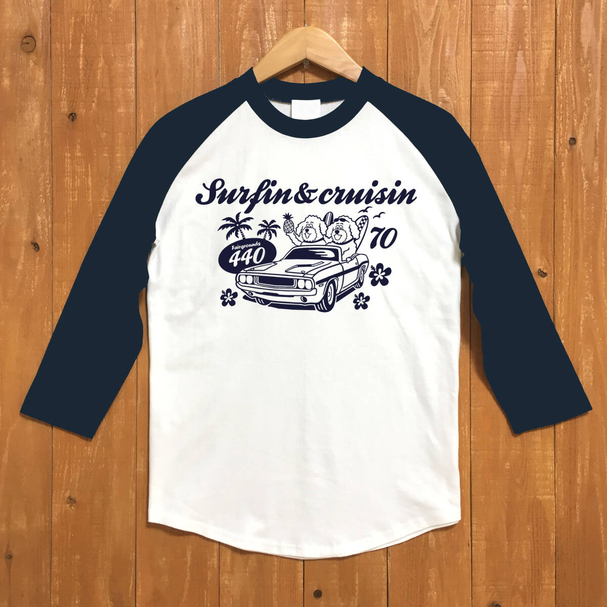 ■SURFIN & CRUISIN ベースボ-ルTシャツ■Sサイズ(ネイビー袖xネイビー)アメ車 モパ- MOPAR DODGE CHALLENGER サーフィン拍卖