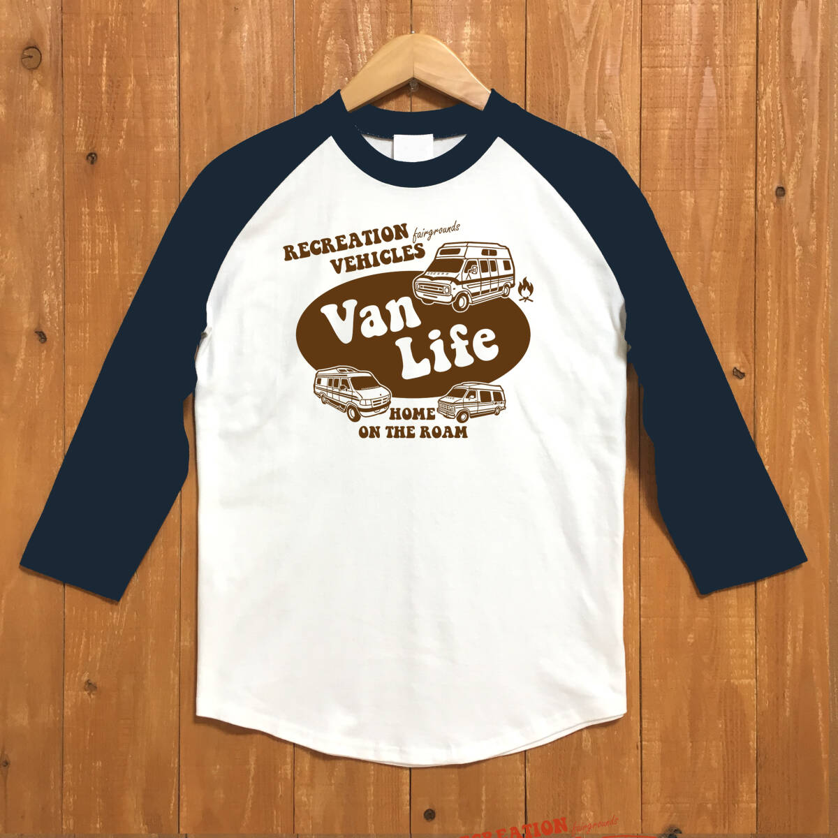 ■VAN LIFE ベースボ-ルTシャツ■Sサイズ(ネイビー袖xブラウン)アメ車 ダッジラム ダッジバン DODGE RAM キャンプ アウトドア拍卖