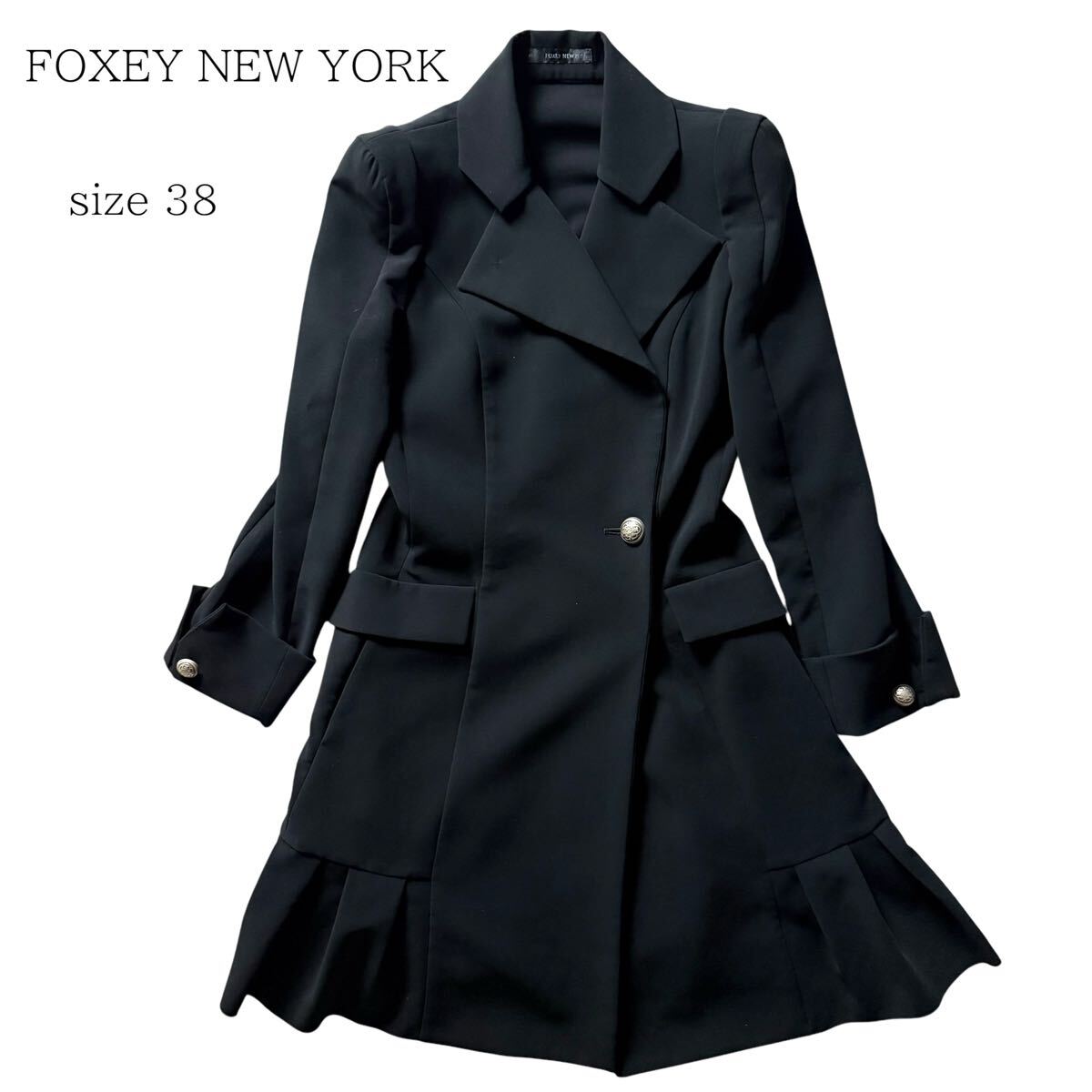 極美品 FOXEY NEW YORK タキシード ワンピース シルバーボタン 銀ボタン 黒 ブラック 裾タック レディース サイズ 38拍卖