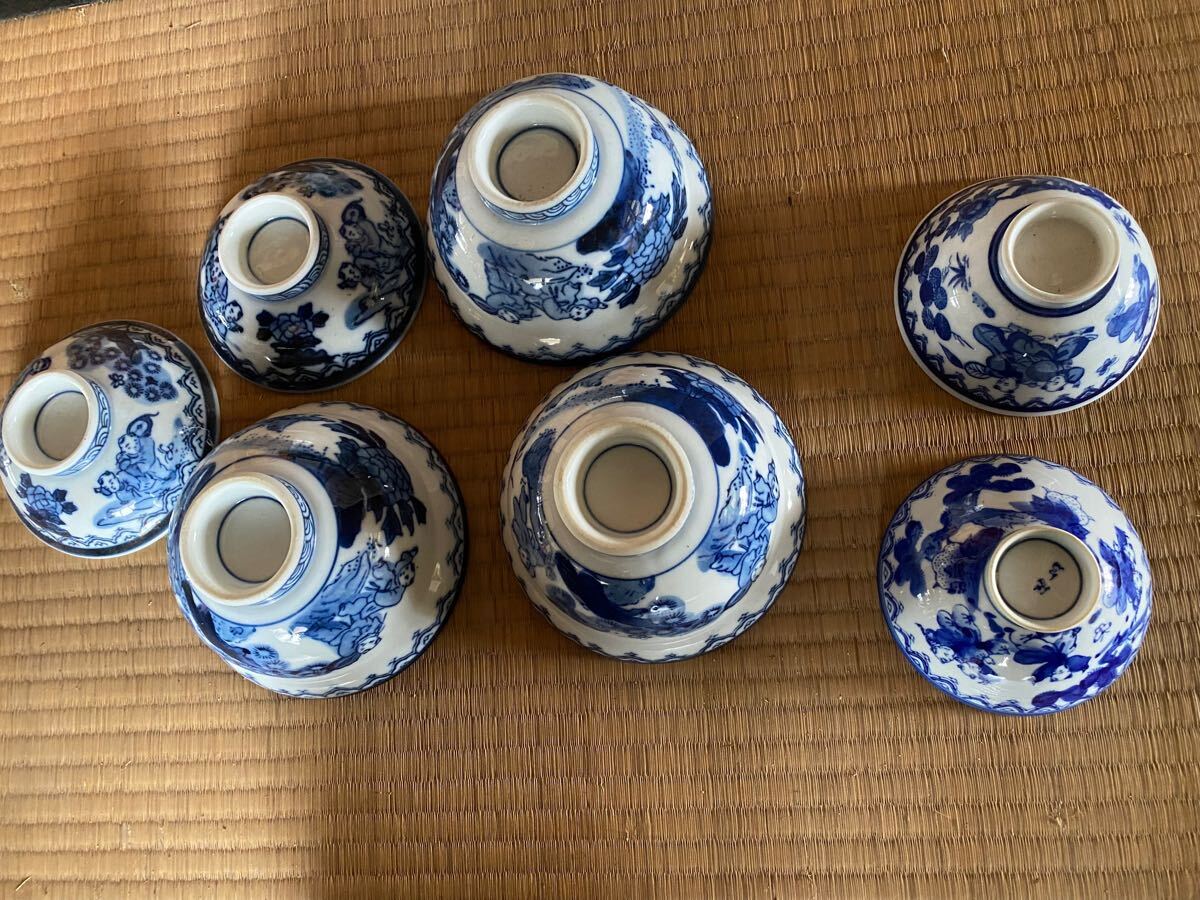 【送料無料】 陶器 茶碗 飯碗 蓋付 まとめて どんぶり茶碗 童子 7点まとめて(2点は蓋です)拍卖