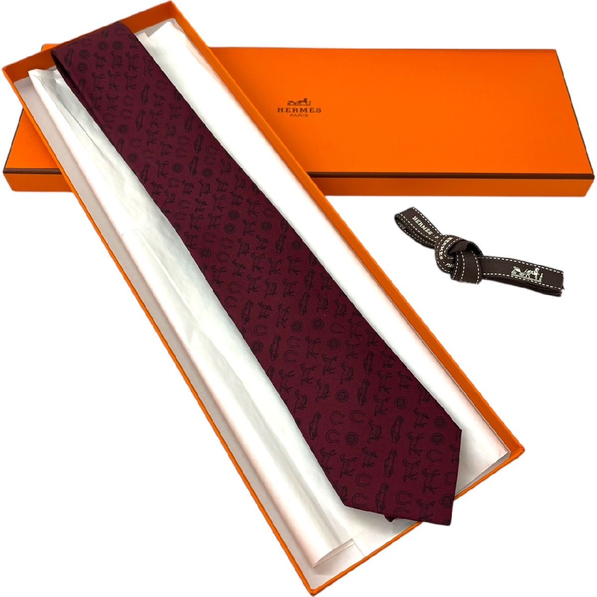 HERMES エルメス HORSE POWER シルク 車 タイヤ 馬 馬蹄 ネクタイ 総柄 ワインレッド系 メンズ ビジネス【美品】拍卖