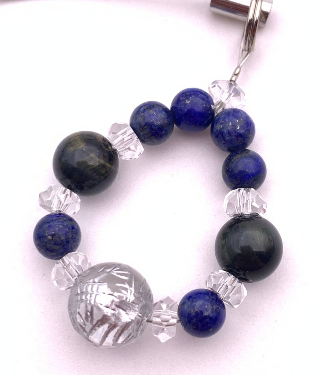 天然石水晶銀彫り青龍&ラピスラズリ&ブルータイガーアイ(ホークスアイ)のストラップ拍卖