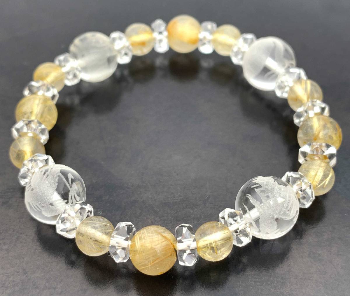 風水四神!天然石彫り水晶10mm玉&ルチルクォーツAAのブレスレット拍卖