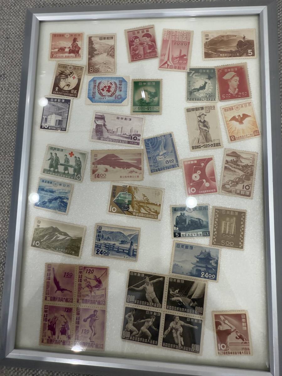 ●H7-6-54 未使用 日本切手 古い切手 35枚 額つき(29cm11.3cm)1956年前後 おまとめ 拍卖