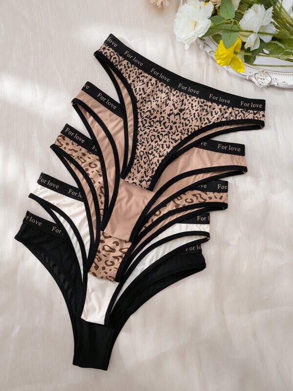 インティメート ショーツ 5パック ヒョウ柄 レターテープウエスト コントラストバインディング ショーツ拍卖