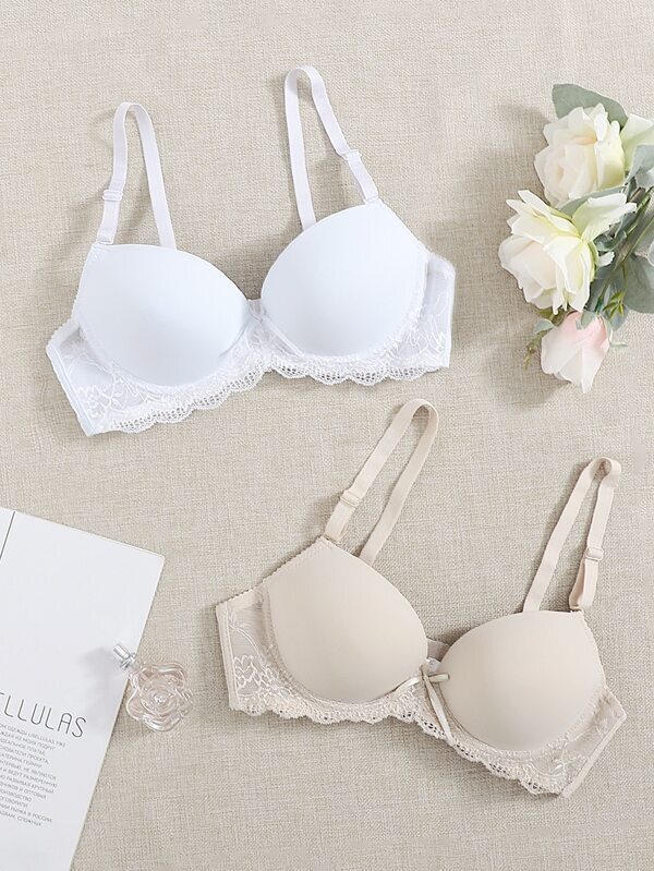インティメート ブラジャー レースのトリミングとリボンのデコレーションのアンダーワイヤーブラセット 2パック拍卖