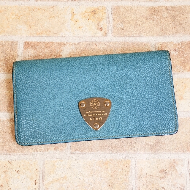 訳有 アタオ ARAO レザー かぶせ 長財布 小銭室有 ブルー ウォレット拍卖