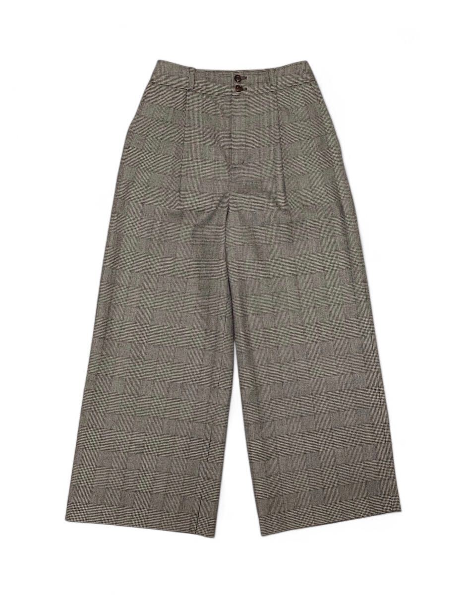■HUMAN WOMAN ヒューマンウーマン■グレンチェック柄 タック入り ウール ワイドパンツ グレー×ブラック SS拍卖